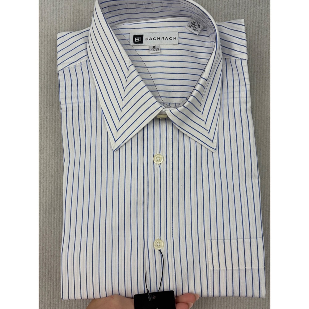 Bachrach Mens Dress Shirt 16 32/33 White Blue Striped 100% Cotton Button Down